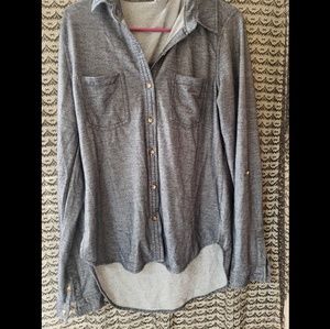 PASSPORT Gray Stretchy Button Collar Pocket Blouse